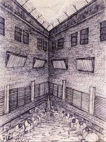 طراحی سودابه اردوان، یکی از زندانیان زندان اوین. ترکیبی از بخشهای مختلف زندان، شامل کریدورهای بازجویی، »آموزشگاه،« و بندهای ٢١٦ و ٣٢٥، برگرفته از کتاب او با نام خاطرات زندان